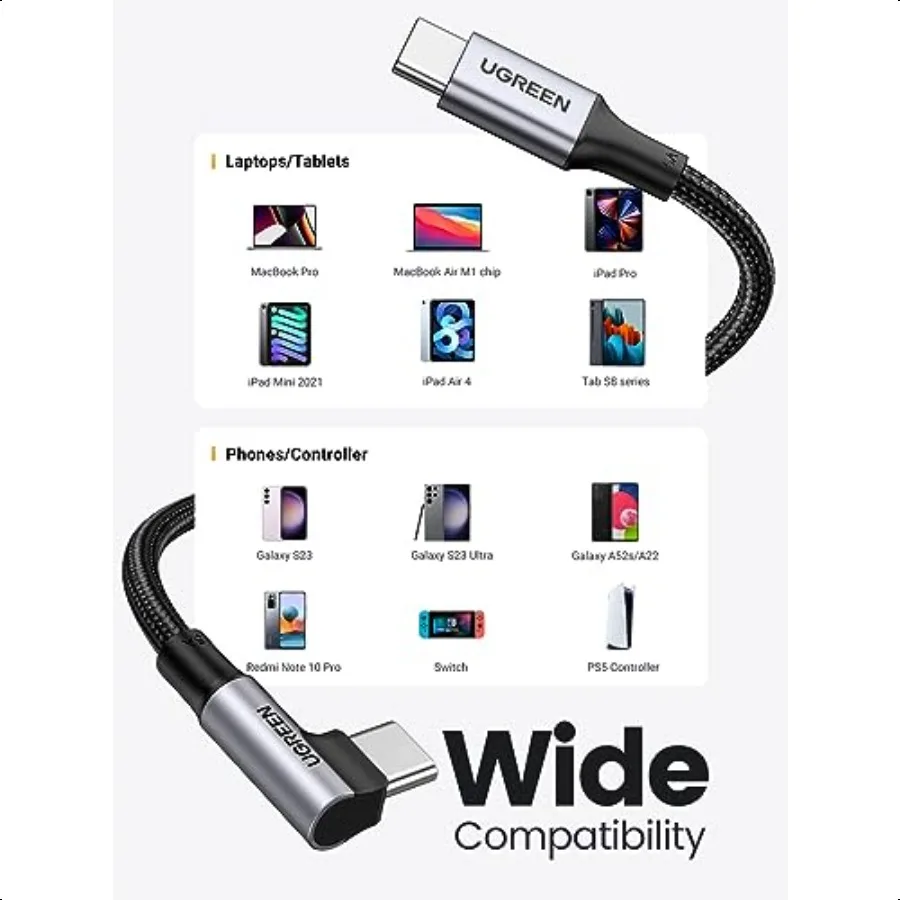 كابل USB C إلى USB C بزاوية قائمة 100 وات من النوع C كابل شحن سريع 90 درجة متوافق مع iPhone 17 17 Plus 17 Pro 16 Book Pro