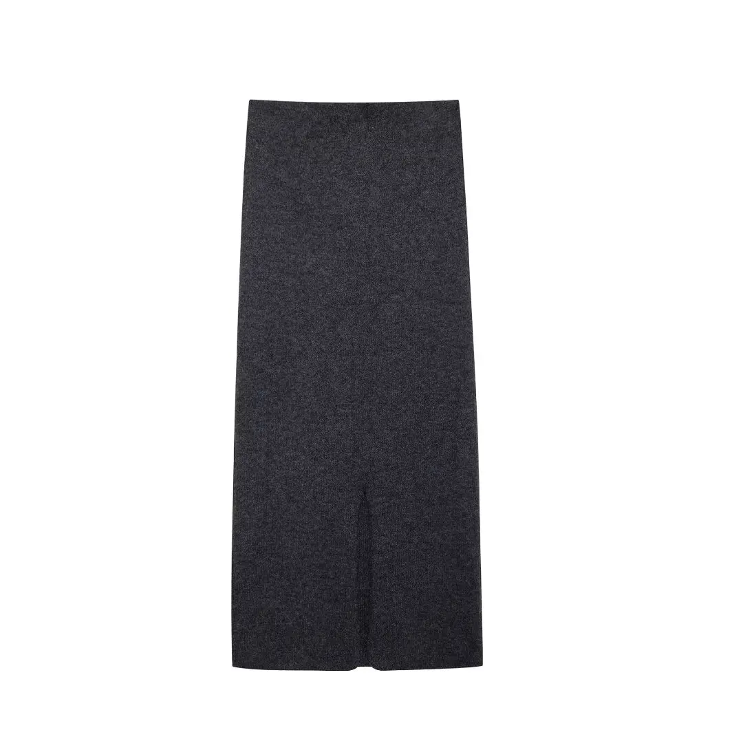 DUOPERI Women Fashion Grey Knitted Midi Skirt Vintage High Elastic Waist Back Slit Female Chic Lady Skirts