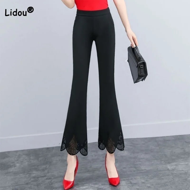 

Drape for Women Spring Autumn New Pockets Patchwork Lace Split Flare Trousers Elasticity Waist Hollow Out Black Elegant Pants