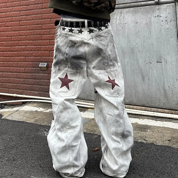 

Джинсы свободного кроя с принтом, мужские прямые зауженные брюки с высокой талией, полиэфирное волокно, повседневные брюки, сезон весны и осени