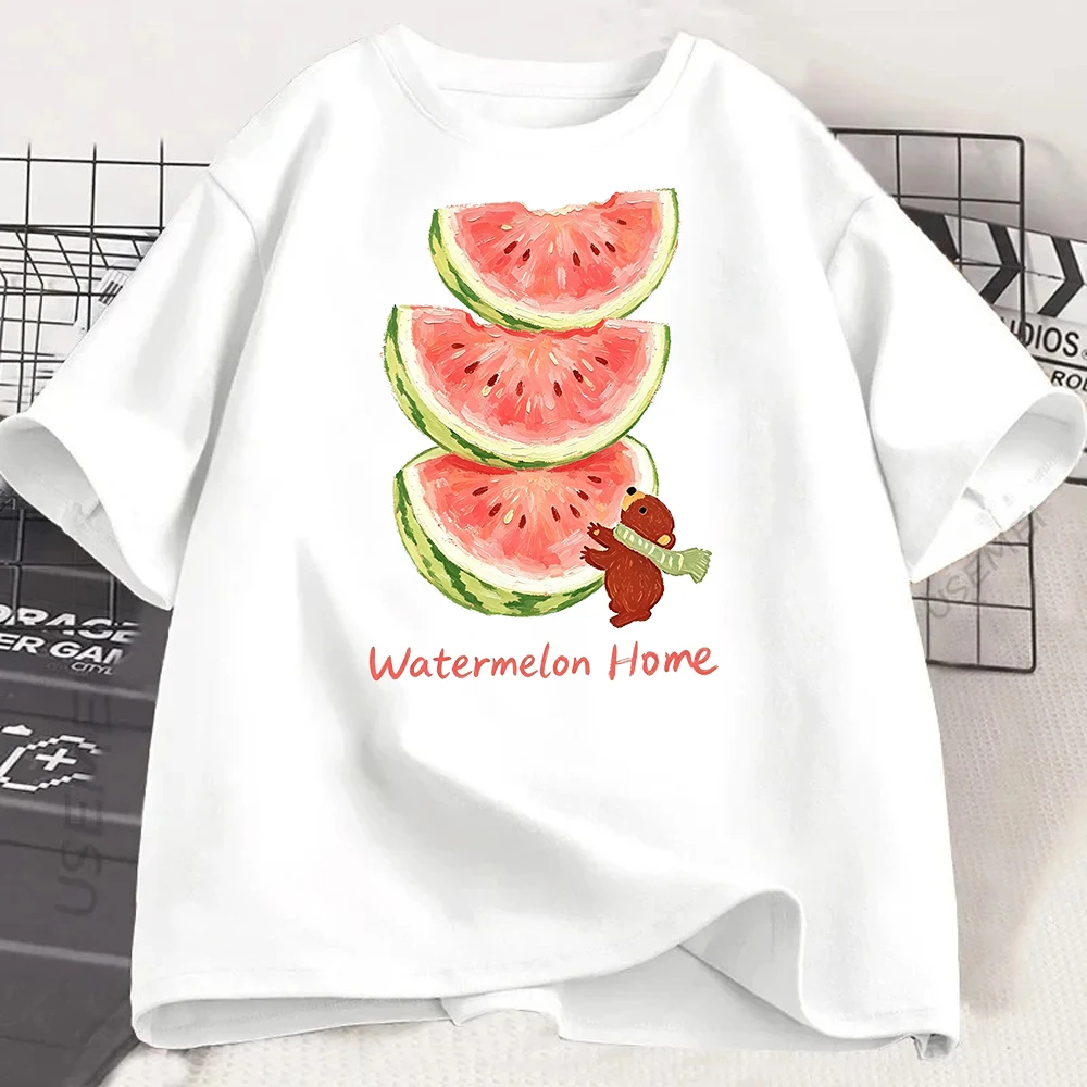 Watermelon Print T Shirt Women Cute Cartoon Bear Graphic Tee Summer Casual Short Sleeve Loose White Top Kawaii Harajuku Style