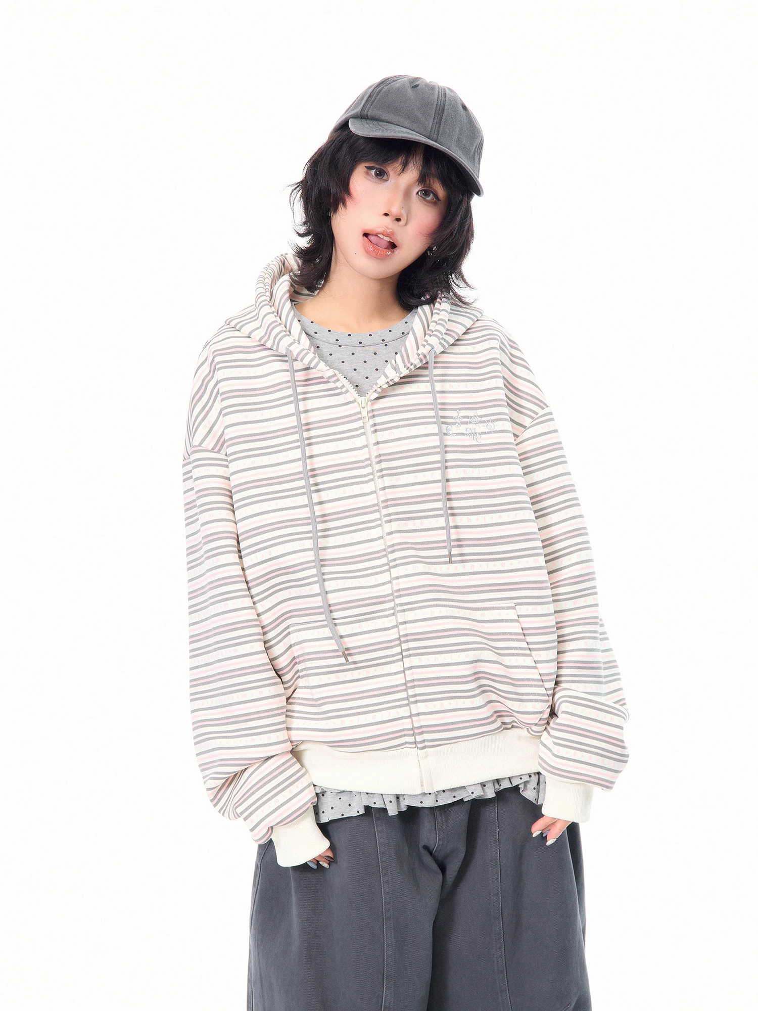 

MKGO American Contrast Color Stripe Embroidery Hoodie Women's Spring Zipper Jacket Lazy Style Casual Loose Top