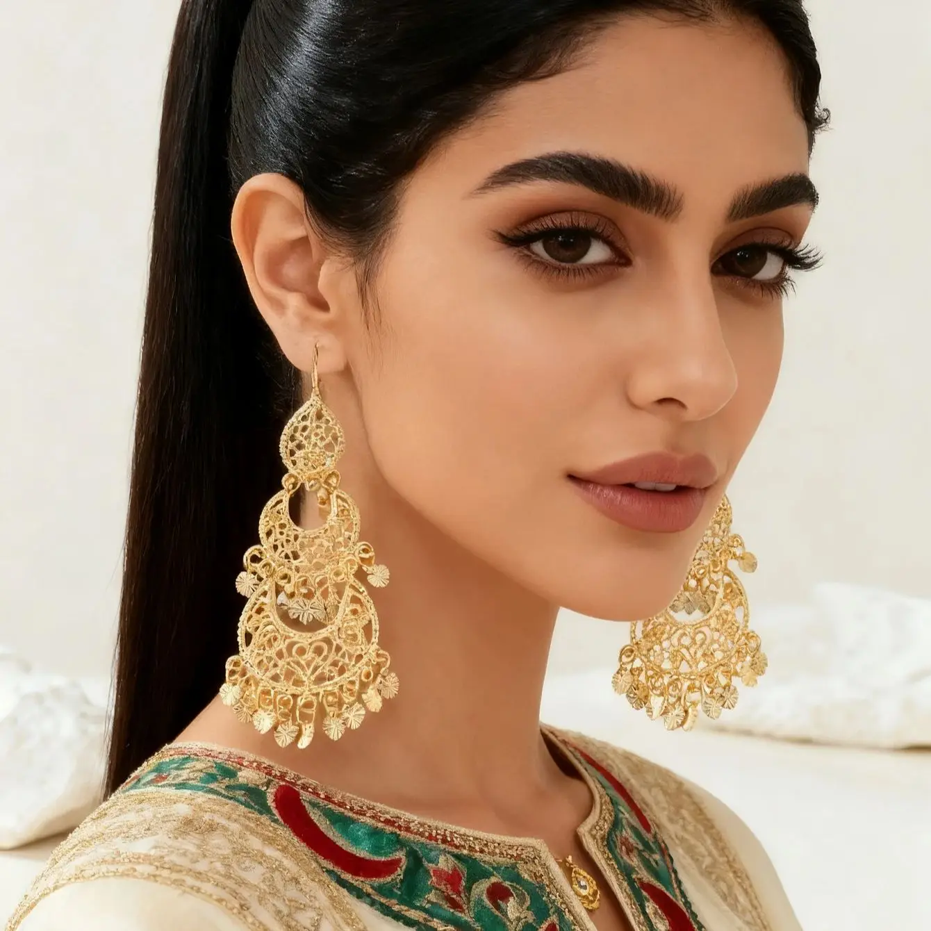 Pendientes colgantes con forma de luna musulmana, Color dorado, joyería árabe de Oriente Medio para mujer, pendientes largos, regalos de boda de lujo