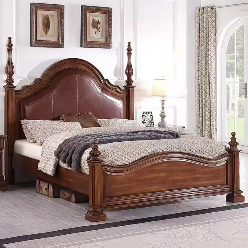 #American Style Rural Solid Wood 1.8m Master Bedroom Large Bed Retro High-end Soft Pack Double Villa Bedroom Furniture