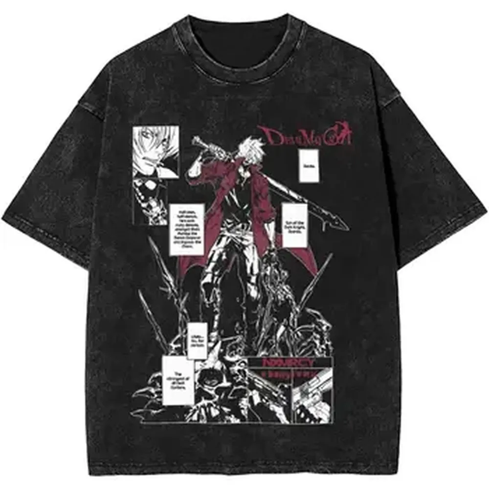 Washed Manga Print Shirt DMC Devil May Cry Gane Merch Vintage T-Shirts Harajuku Streetwear Cotton Summer Short Sleeve Tees