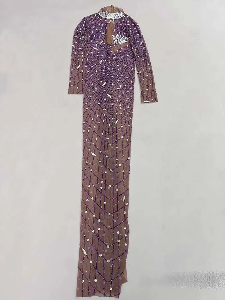 고품질 핫 스탬핑 섹시한 메쉬 탄성 드레스를 통해 볼 2025 새로운 패션 맞춤 여성 의류