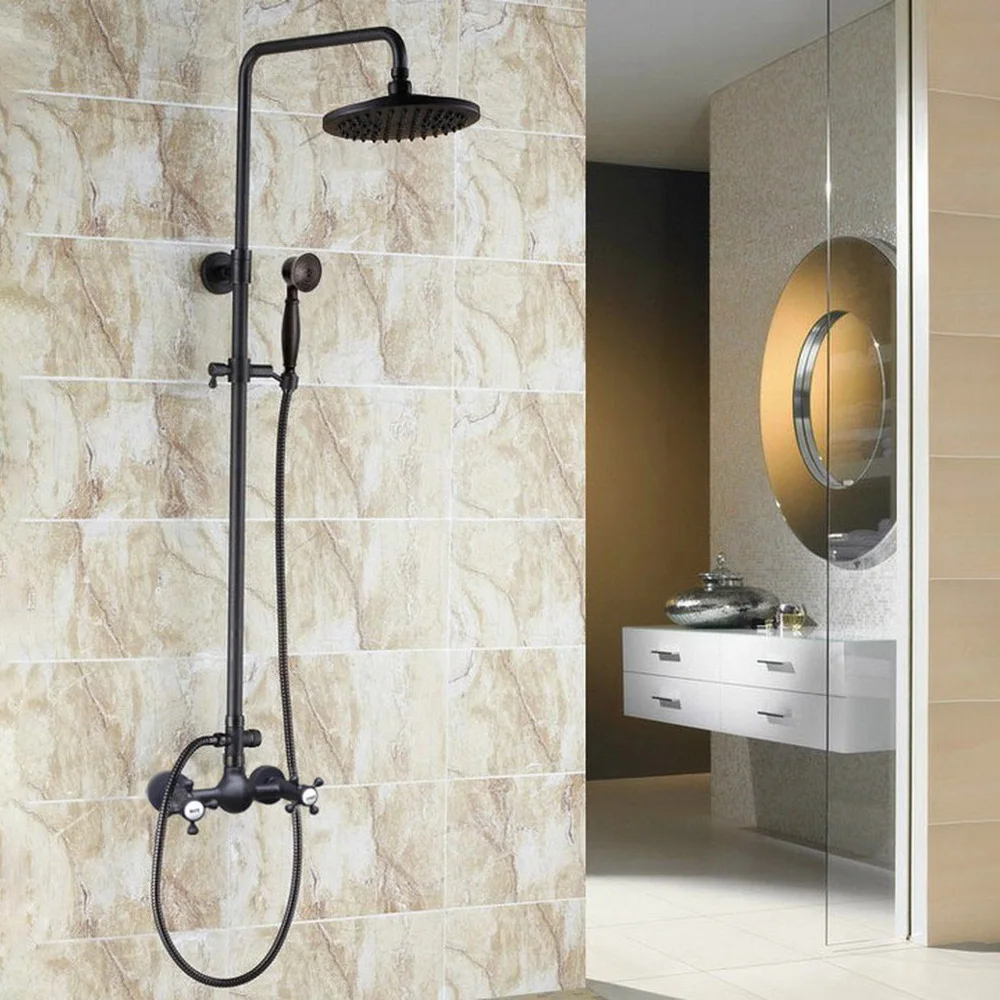 

Wall Mounted Bathroom 8" Round Shower Head Rain Shower Faucet Set & Black Oil Rubbed Bronze Dual Cross Handles Mixer Taps trs493