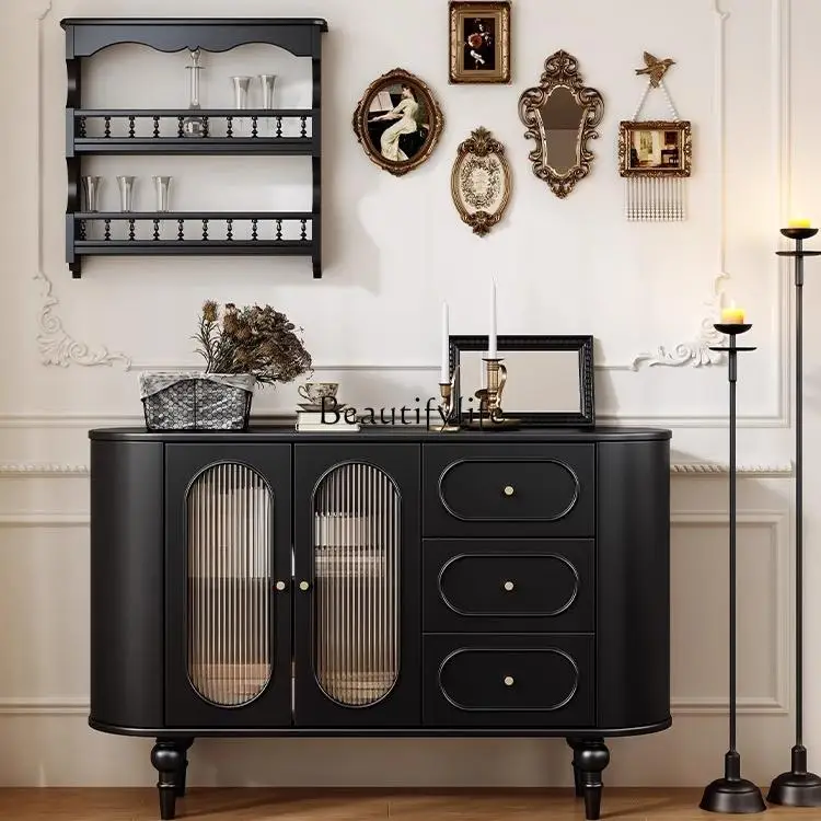 

French solid wood dining side cabinet, black retro glass tea cabinet against the wall