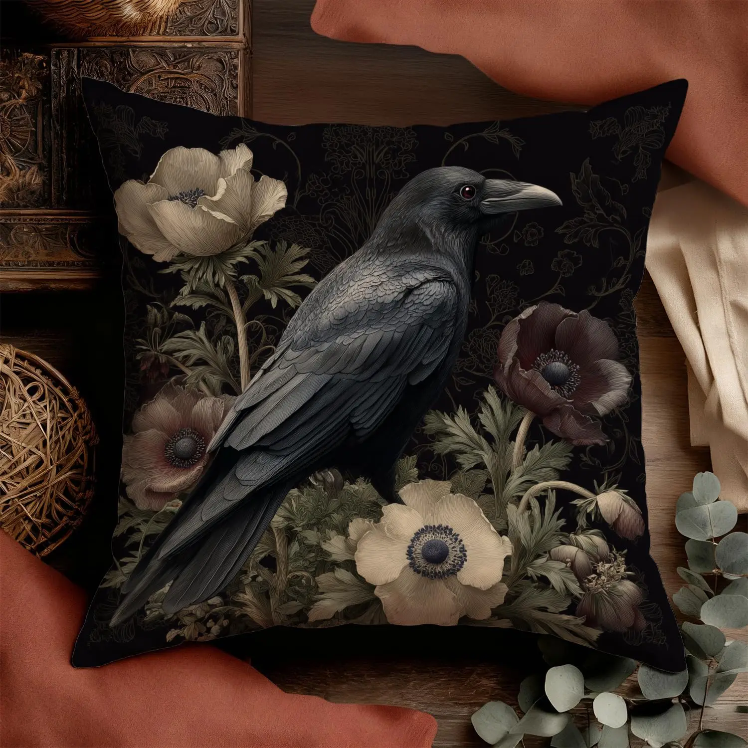 Gothic Raven Floral Peony Print Pillowcase Cushion Cover Botanical Dark Academia Romantic Art Decor for Bedroom Home