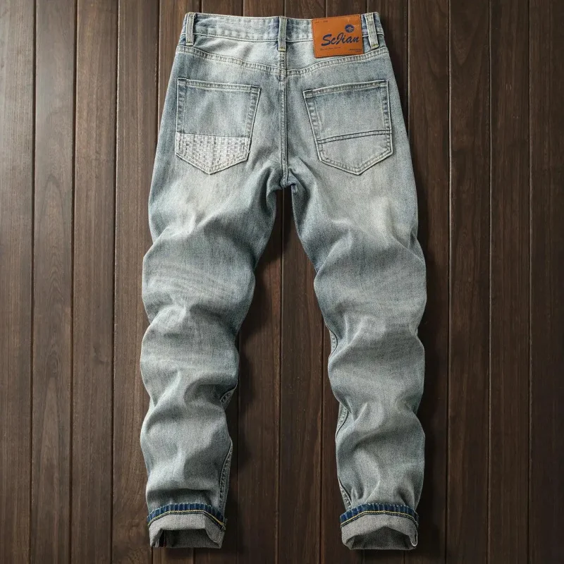 2026 Vintage American Heavyweight Washed and Worn Denim Jeans for Men, Slim Fit, Straight Leg, Streetwear Style, Trendy Retro St