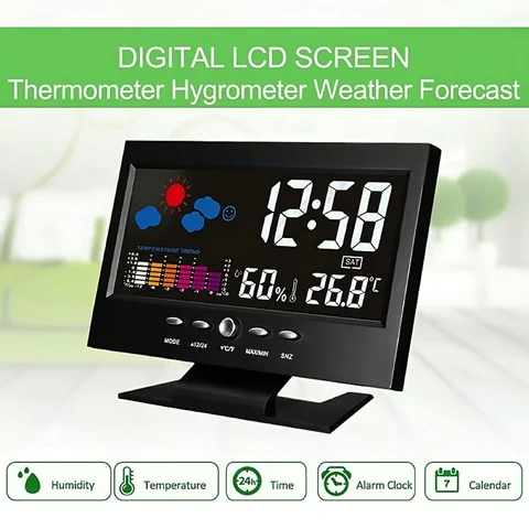 Weather Clock With Time Date Week Temperature Humidity Display Weather Forecast Function With Voice-activated Backlight Function