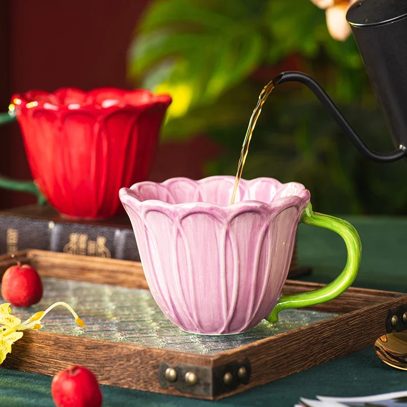 

Creative Ceramic Coffee Cup Delicate Flower Mug English Afternoon Camellia Flower Tea Coffee Mug Large Capacity Breakfast Cup