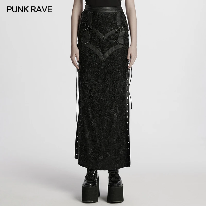 

PUNK RAVE женская готическая юбка с визуальным индивидуальным рисунком, высокий разрез, ушко, дизайн на шнурке, вечерние клубные темные сексуальные длинные юбки