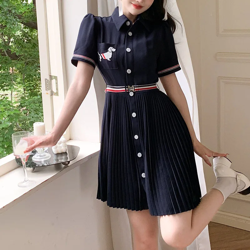 High Quality Korean Fashion TB Puppy Embroidered Polo Neck Fashion Casual Dress 2023 Summer Preppy Style Women's Pleated Skirt