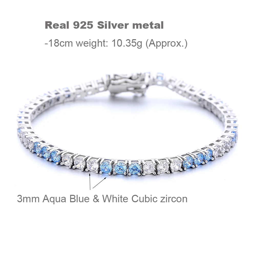 3mm Real 925 Silver Tennis Bracelet Montana Blue/Aquamarine/White Cubic Zircon Mix Color Fine Jewelry Chain