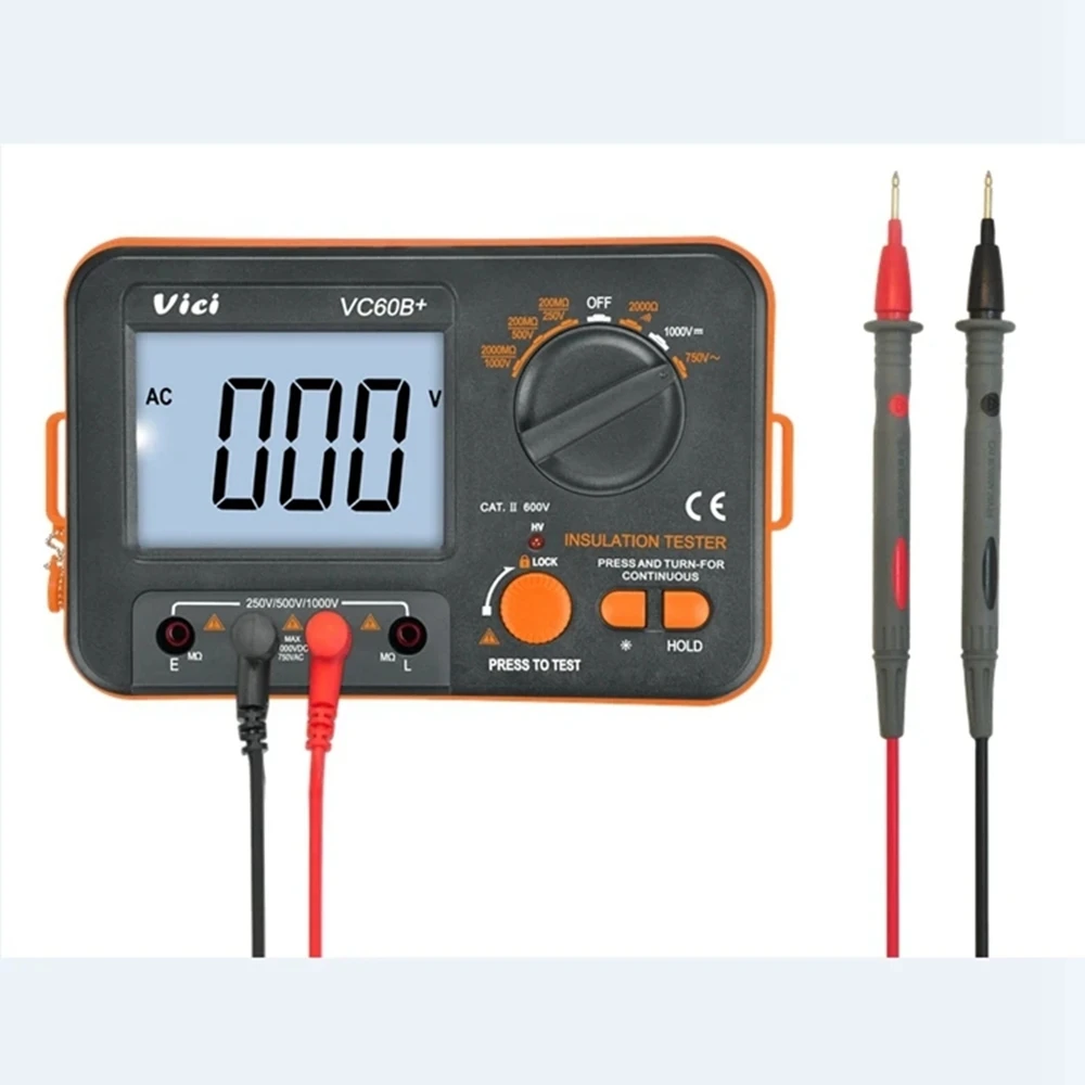 Vici VC60B+ Digital Insulation Resistance Tester LCD Electronic 1000V DC/AC Voltmeter 0.1~2000m ohm MegOhm Meter Data Hold Alarm