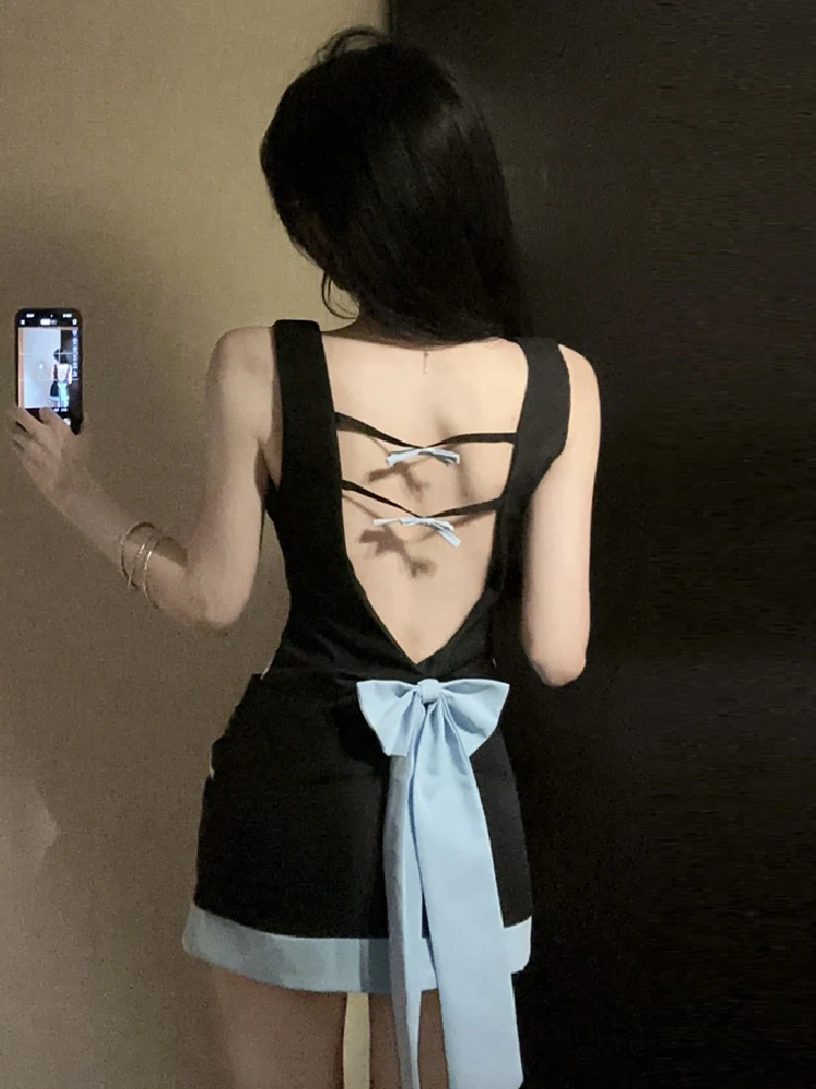 Butterfly Knot Slim Fit Design Color Blocked Sleeveless Tank Tops Mid-Wasited Sweet Half Skirt Sets Fashion 2 Piece Set