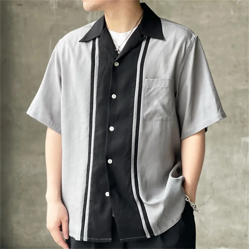 Pdmcms 23ss 新しいツートーン 50sshirt ストライプカラーブロックカジュアルハワイアン半袖シャツ