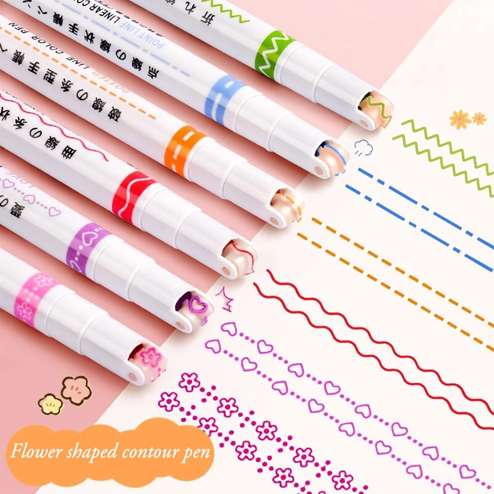 6pcs/set Highlighter Pen Line Shaped Color Sharp Curve Line Art Contour Marking Highlighting Pen Diary School Stationery Supplie