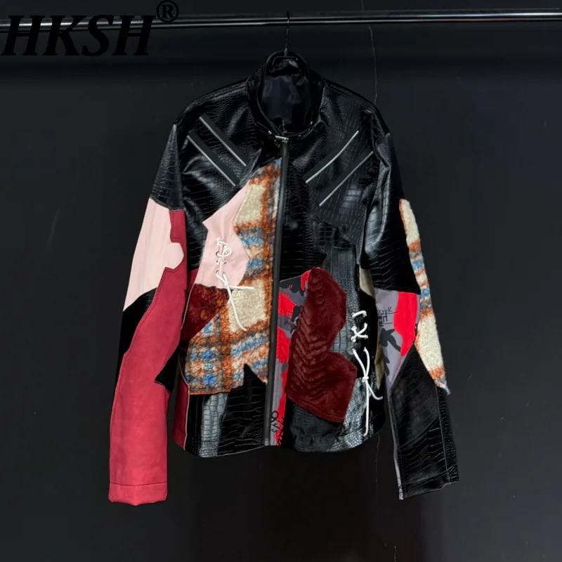 HKSH Spring Autumn Winter New Men Tide Dark Punk High Street Stylish Pattern Patchwork Leather Jacket Loose Fashion Coat HK18757
