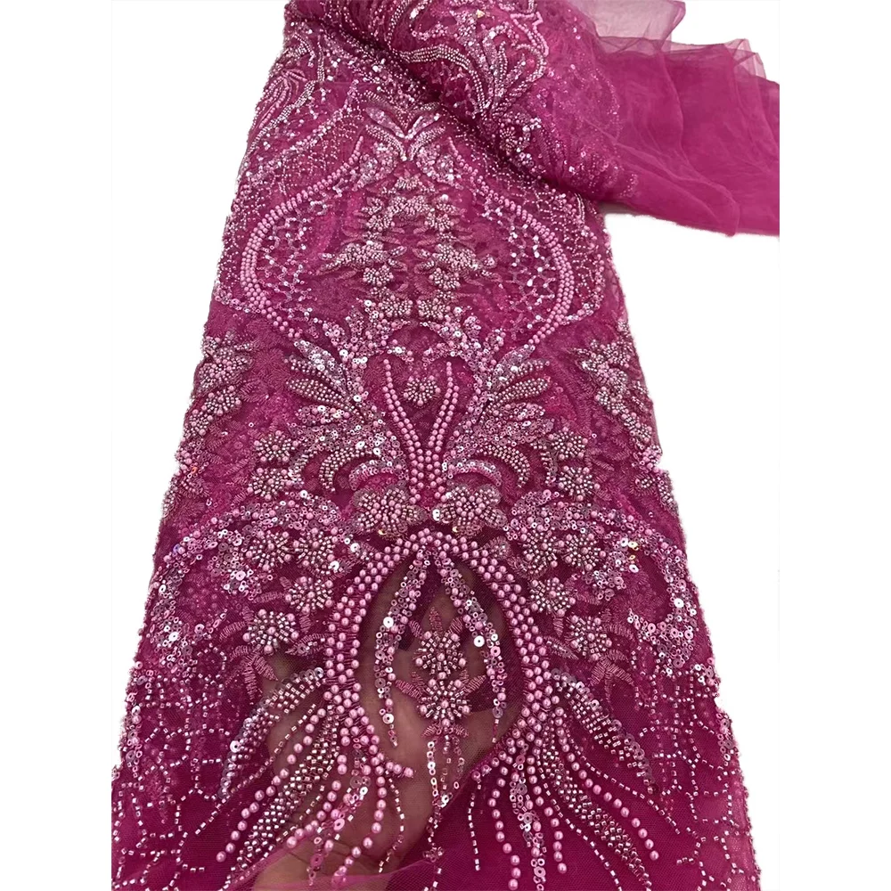 

Fashion Beaded Embroidery Printing Lace Fabric 2025 Nigerian Wedding Dresses Women Stones Printed Flower beaded Lace Fabric