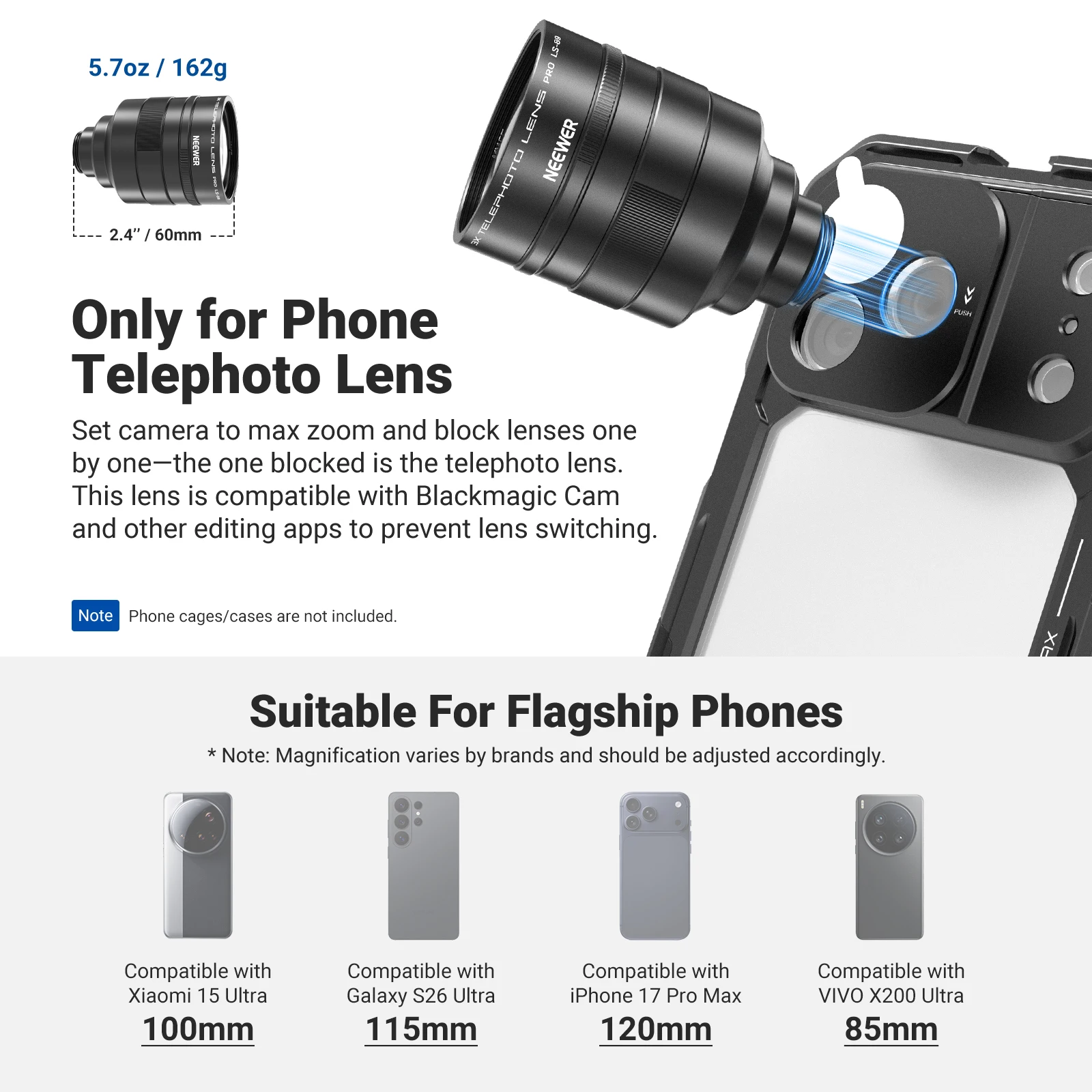 NEEWER 3X Telekonverter-Teleobjektiv für Smartphones, 360 mm Äquivalent, 17 mm Gewinde für iPhone, Android, Samsung, Xiaomi Phone Cage – Detail 4