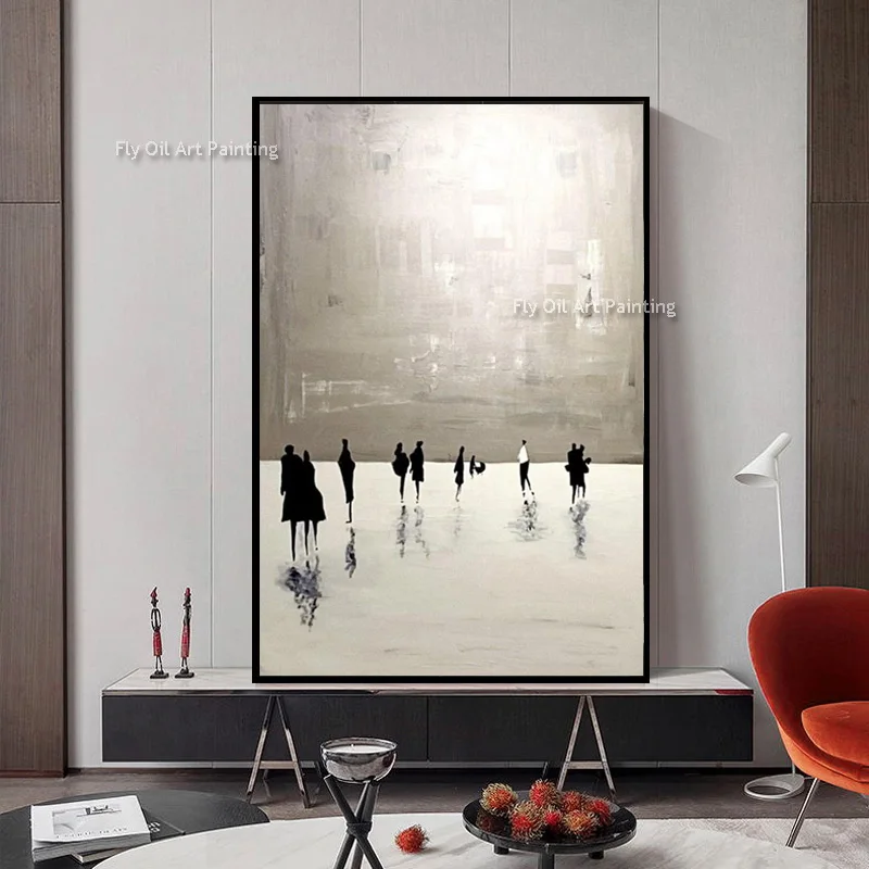 Grey Beige Abstract Black Pepole Shadow Landscape Canvas Oil Painting Hand Painted Grey White Home Wall Decor Large Artwork