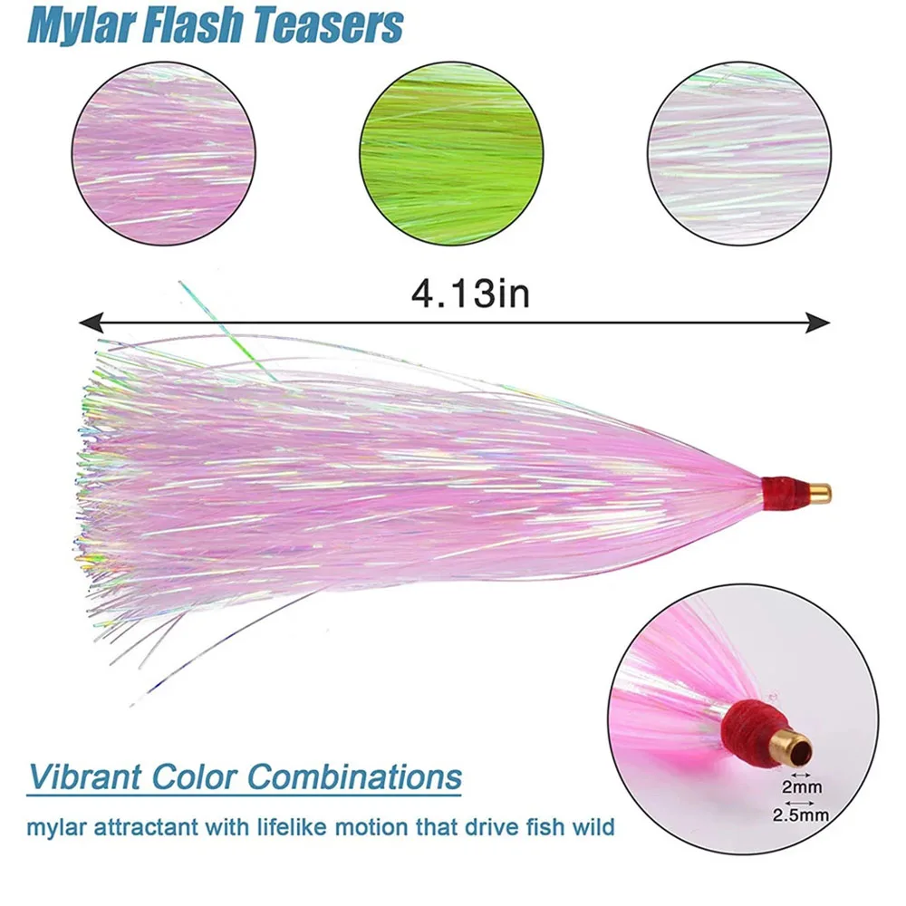 50 stücke Mix Farbe Kupfer Kopf Mylar Flash Teaser Trolling Rock Köder Künstliche Bucktail Jig Angeln Lockt Tintenfisch Rock Köder angelgerät – Detail 5