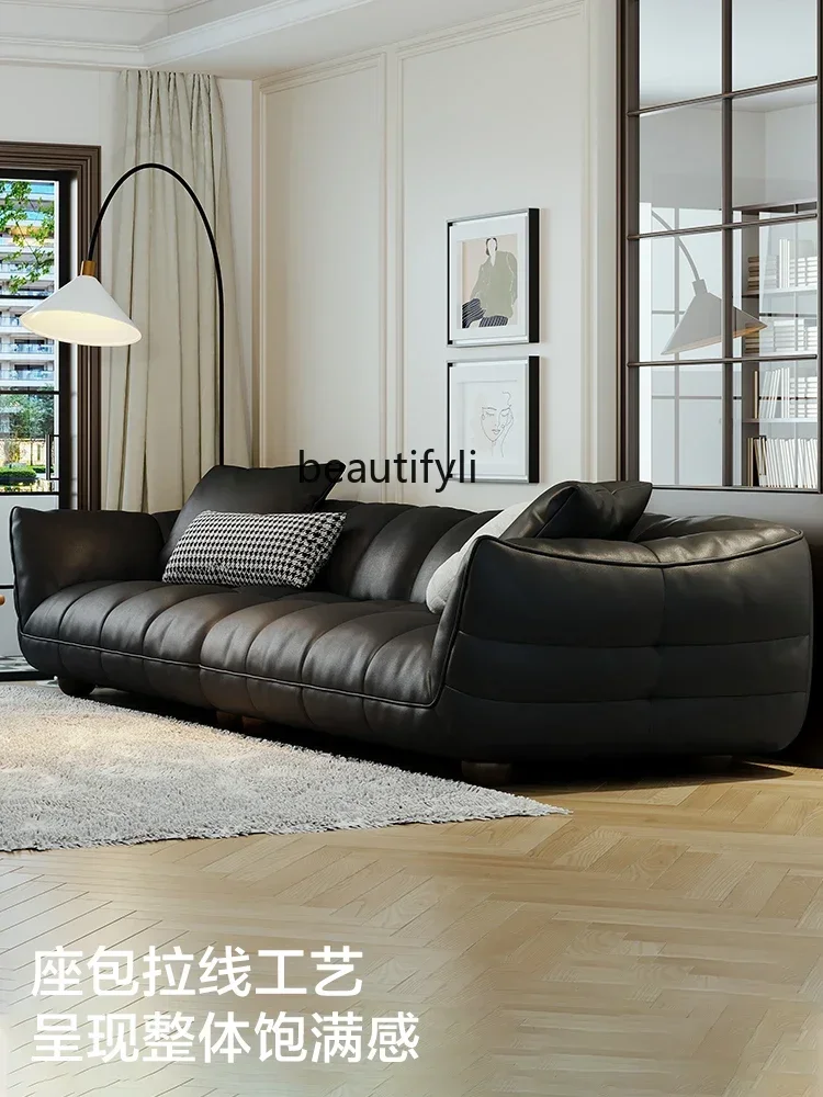 182C Modern Minimalist Leather Sofa Living Room Italian-Style Light Luxury Straight Row Advanced Three-Seat
