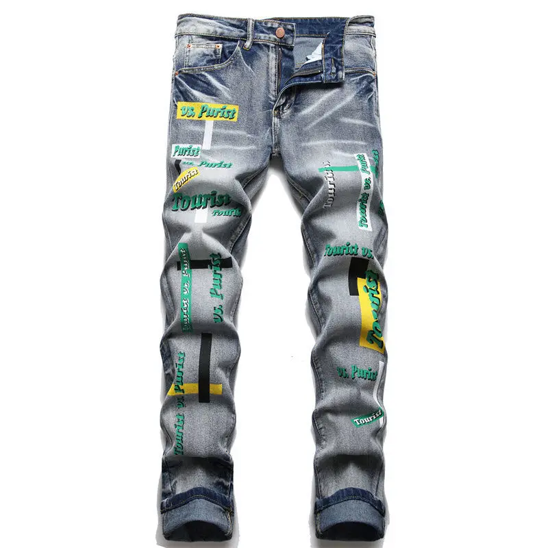 Light Luxury Men’s Street Fashion Printed Jeans,Slim-fit Korea Version High Quality Denim Pants,Trendy Casual Jeans Pants;