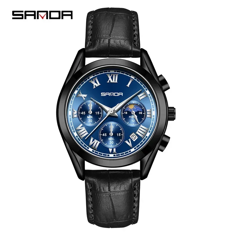 Sanda 5012 الطلب مضيئة الأيدي رجال الأعمال مشاهدة العلامة التجارية الأعلى حزام من الجلد مقاوم للماء حركة الكوارتز اليابانية الرقم الروماني