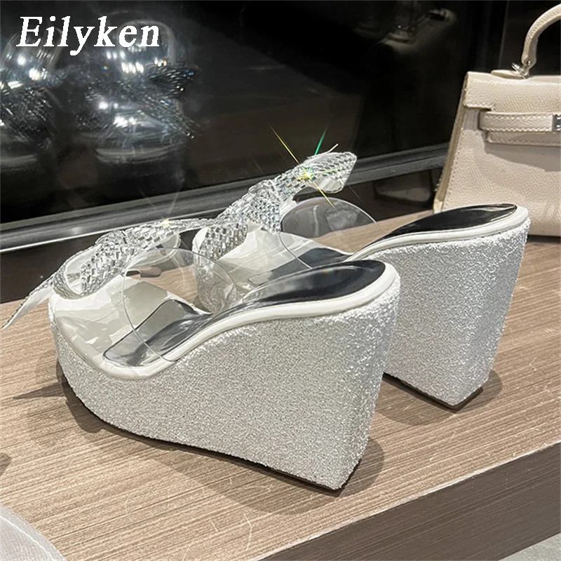 Eilyken Open Toe PVC Transparent Slippers Women Platform Wedges High Heels Sandals Summer Butterfly-Knot Party Shoes