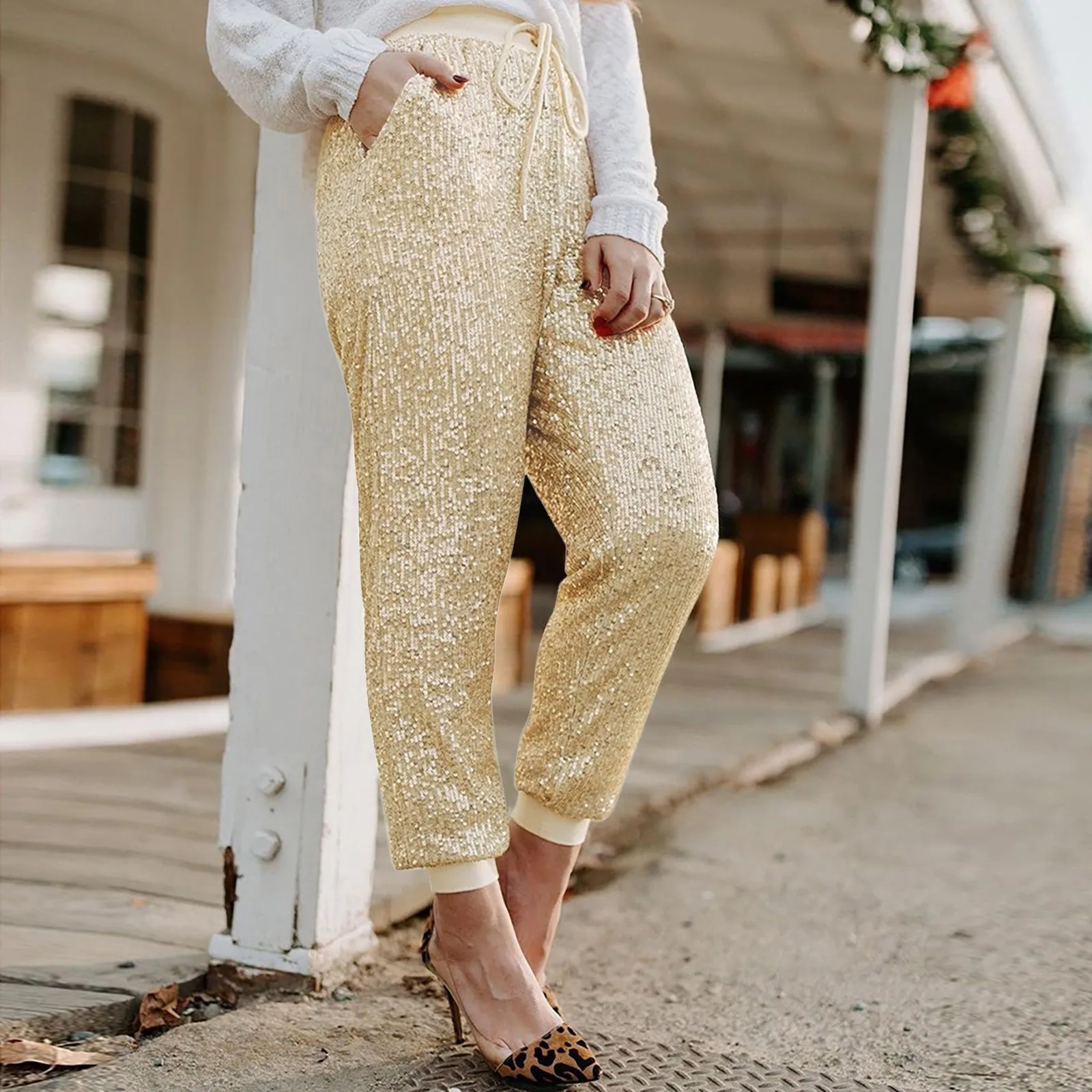 High Waist Baggy Sequin Pants Women's Luxury Shiny Elegant Jogger Pants Lady Sequined Wide Leg Trousers For Women Clothes