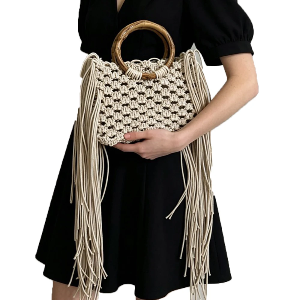 Bohemian Tassel Crochet Women Bag Bamboo Handle Handbags and Purses Hollow Woven Beach Bags for Women Rope Knitting Clutch NEW