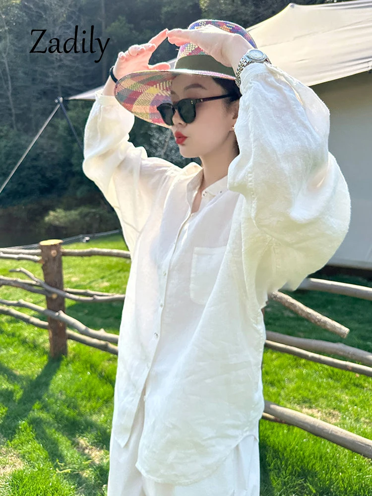 Zadily 2023 Summer Casual Long Sleeve Women\'s linen Shirt Korea Style Loose Button Up Ladies Blouse Female Daily Clothing Tops