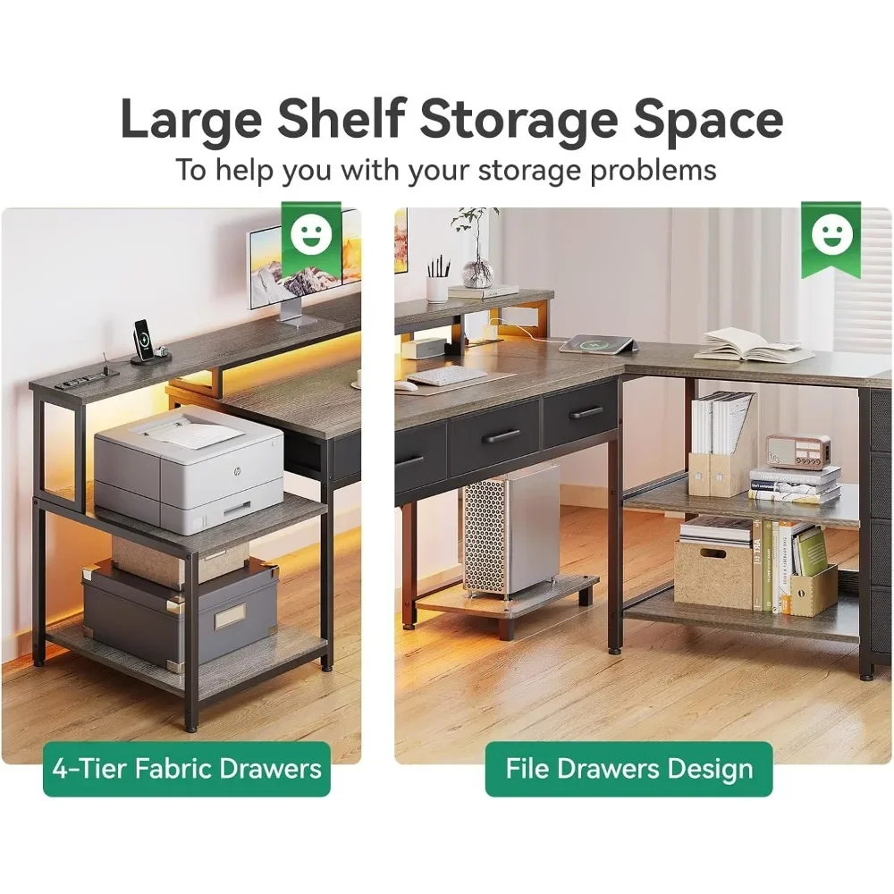 مكتب على شكل حرف L مقاس 79 بوصة، مكتب كمبيوتر على شكل حرف L مع مخرجين طاقة ورف شاشة، مكتب منزلي مع أرفف تخزين