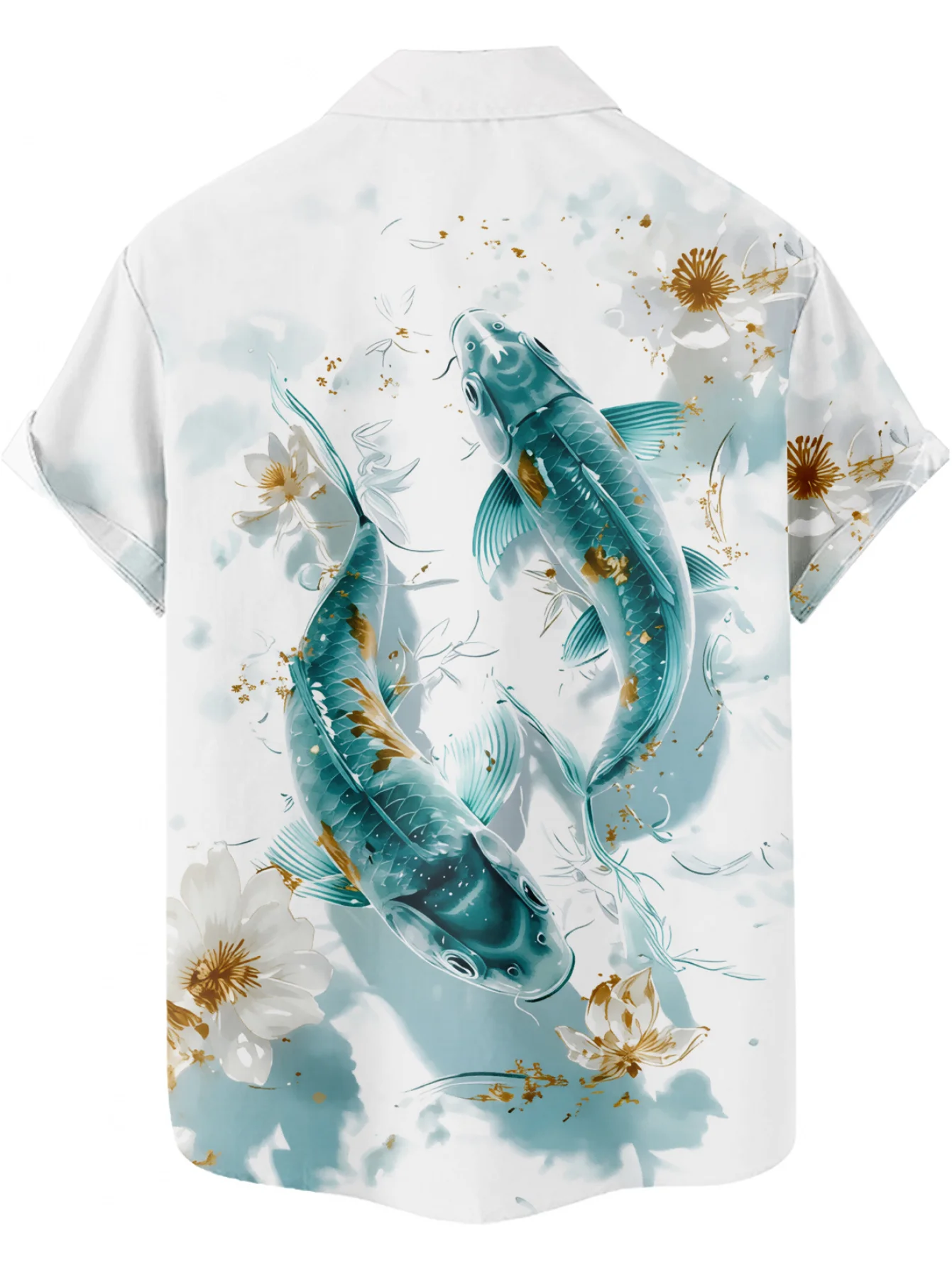 Men Hawaiian Short Sleeve Shirt Oriental Koi Fish Lotus Water‑Ink Camp Collar Tops
