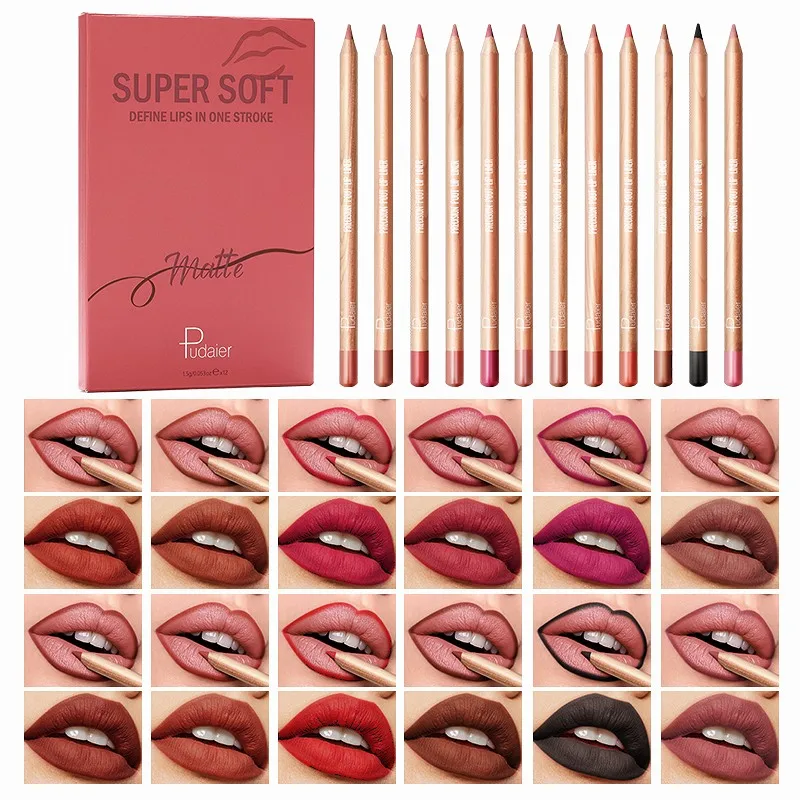 Pudaier Set di 12 matite per labbra multicolori opache impermeabili, regalo di San Valentino naturale a lunga durata, resistente al sudore