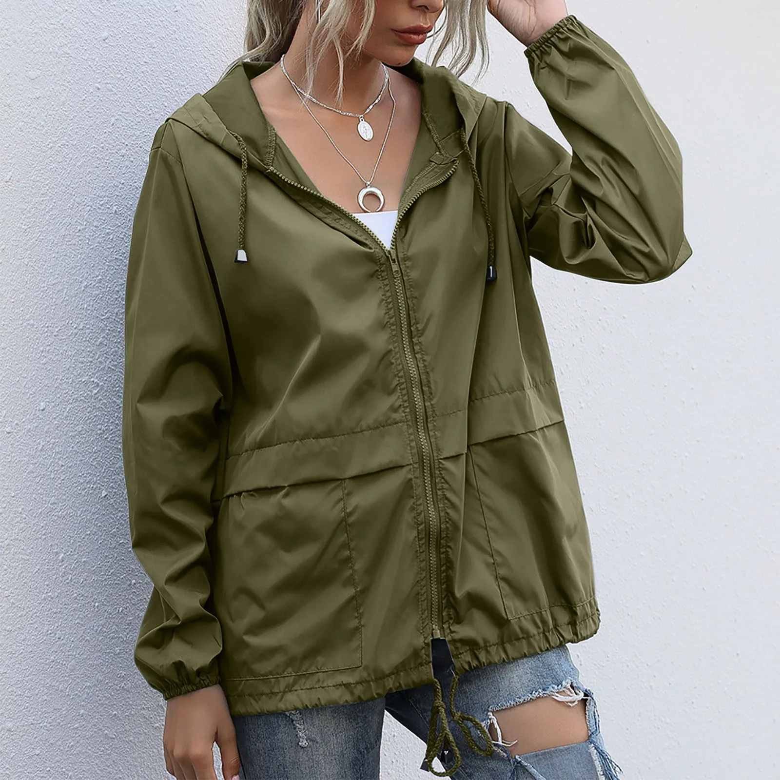 Women Fashion Solid Color Long Sleeve Pocket Outwear Loose Windbreaker Thin Coat Autumn Winter Regular Tops Jackets Outwear