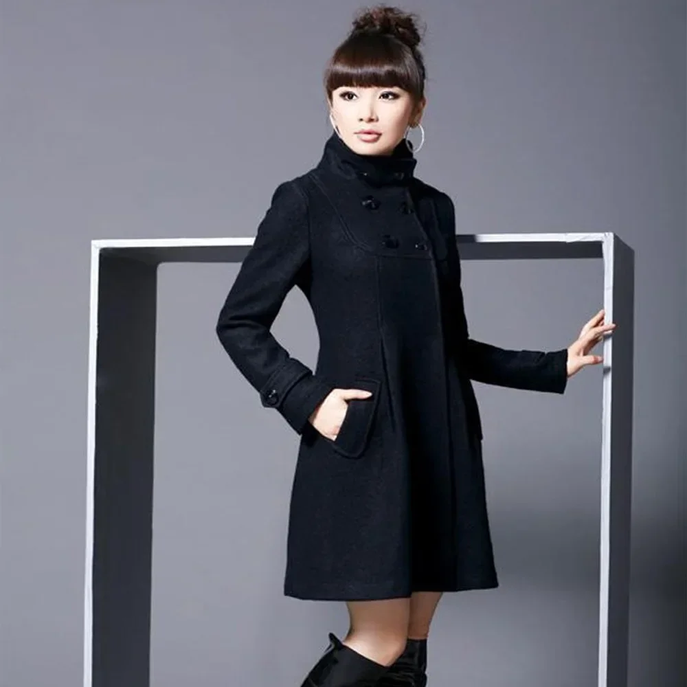 Women Green Black Woolen Blend Coat Long Wool Hooded Double-breasted Jacket Windbreaker Ladies Pleated Cloak Large Size S-XXXL