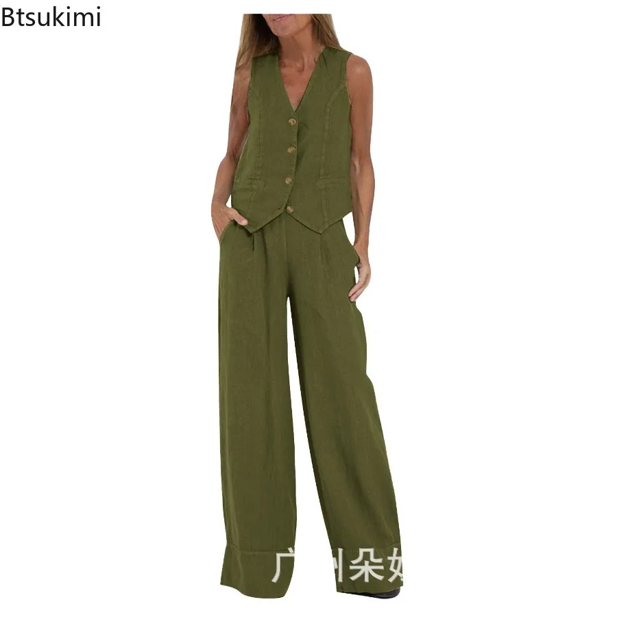 2024 Women's  Cotton Hemp Two Piece Pant Sets Sleeveless Vest Top Wide Leg Pants Suit  Ladies Elegant High Waist Trousers Outfit