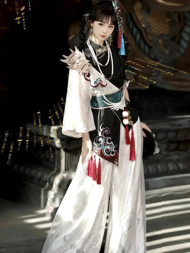 

Nuo Opera Style Horse Face Skirt National Style Han Element Chinese Style Pants Set Unisex Cosplay Costume Ancient Costume