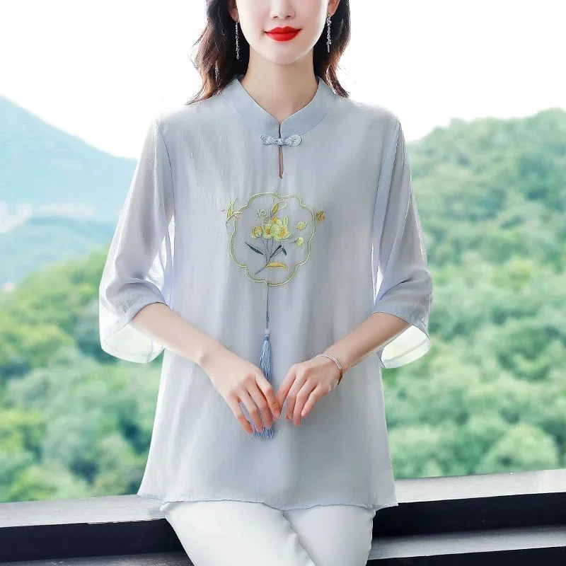 Zomershirt Dames 7-kwart mouw Nieuwe Chinese stijl Opvouwbare lente en herfst Dunne chiffon top