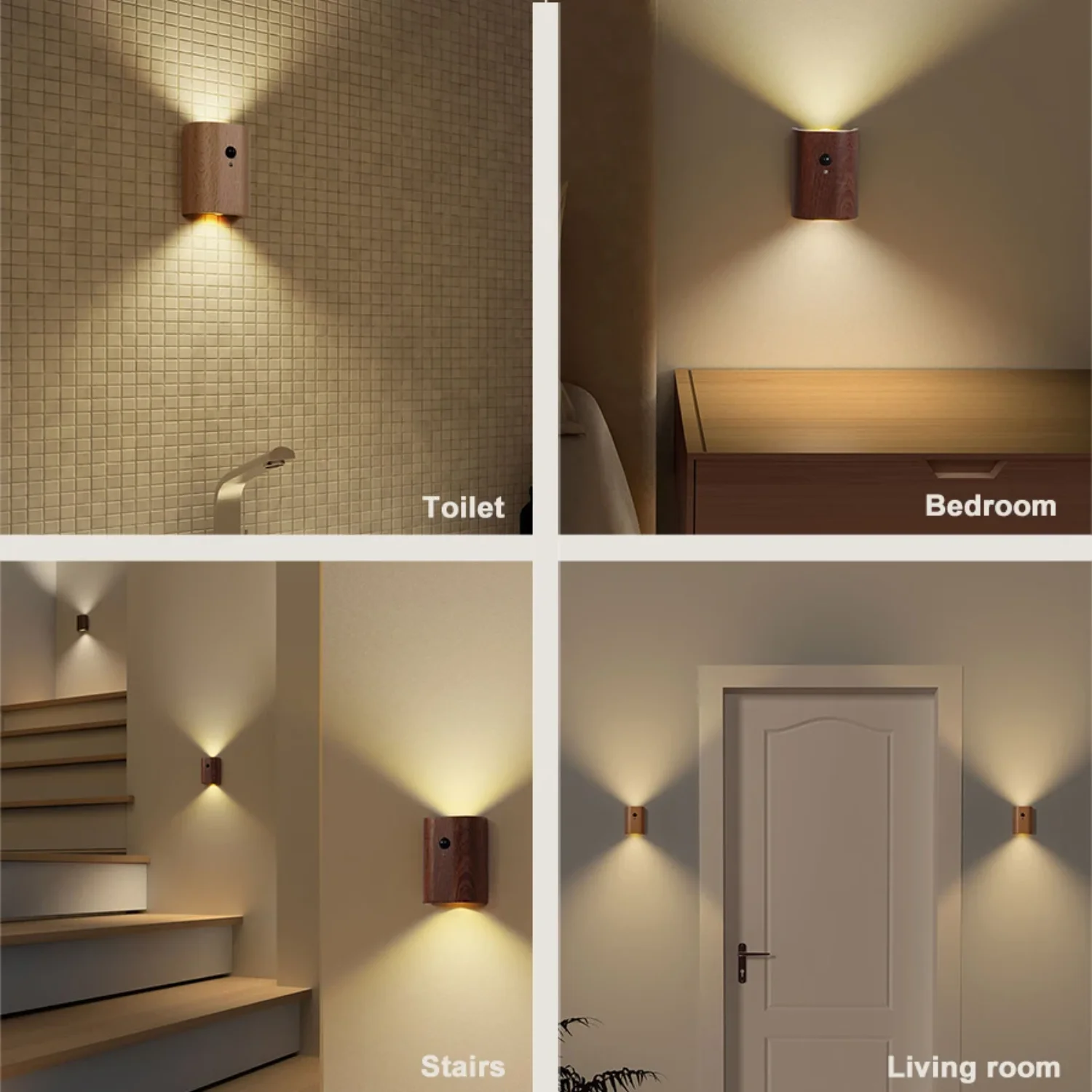 Collegamento Sensore di movimento in legno Luci notturne Lampada da parete a induzione a LED wireless ricaricabile USB Camera da letto Cucina Corridoio Luce per scale