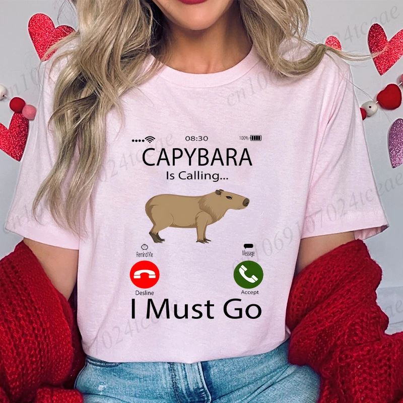 Capybara Is Calling Tees Shirts for Women Funny Capibara Rodent Animal Lover Humor T-Shirts Summer Short Sleeve Female Clothing