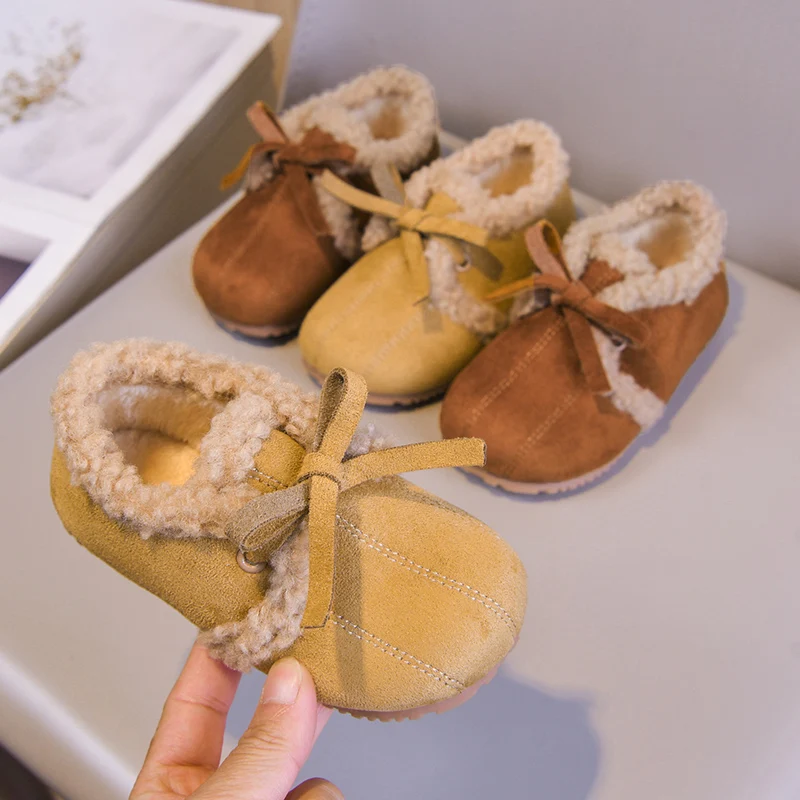 Toddler Girls Soft Fluffy Leather Shoes with Cute Bow 2025 New Winter Kids Warm-lined Casual Shoes Soft Sole Comfort Daily Wear