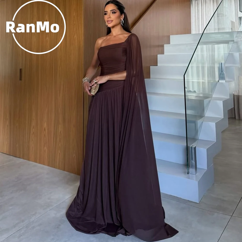 

Ranmo Customized Prom Dress vestidos de noche Formal Evening Brown One Shoulder Cape Ruched Chiffon A Line Long Gown For Women