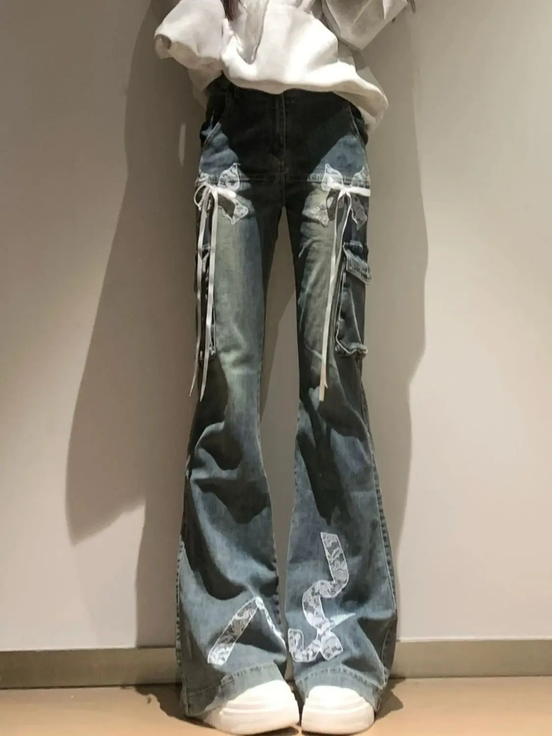 

American Vintage Washed Lace Trim Flared Jeans Women-Low Rise Slim Fit Bootcut Denim Pants with Stretch