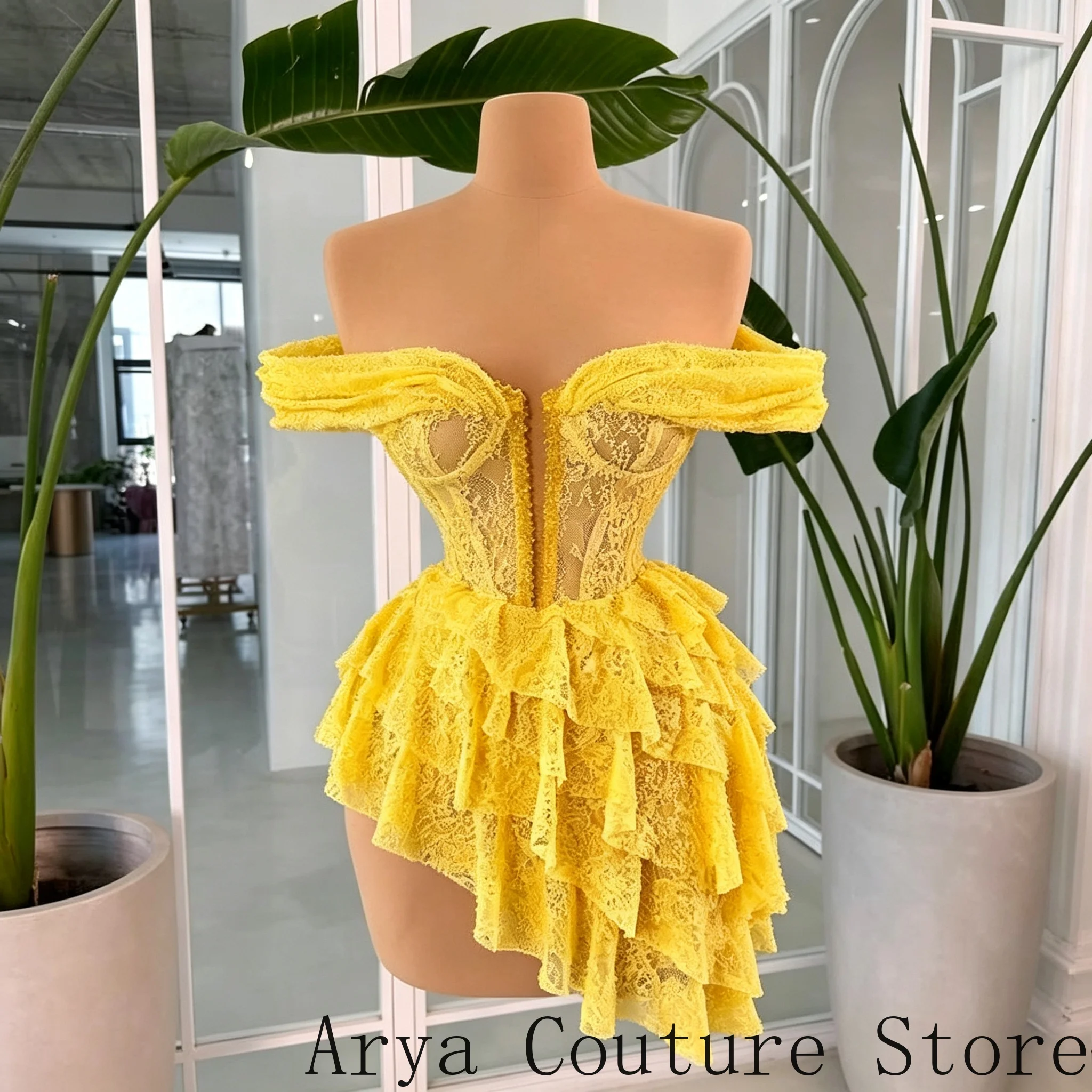 Yellow Homecoming Mini Dress Off-the-shoulder Lace Boned Corset Bodice Multi-layer Uneven Ruffle Skirt Short Cocktail Dresses