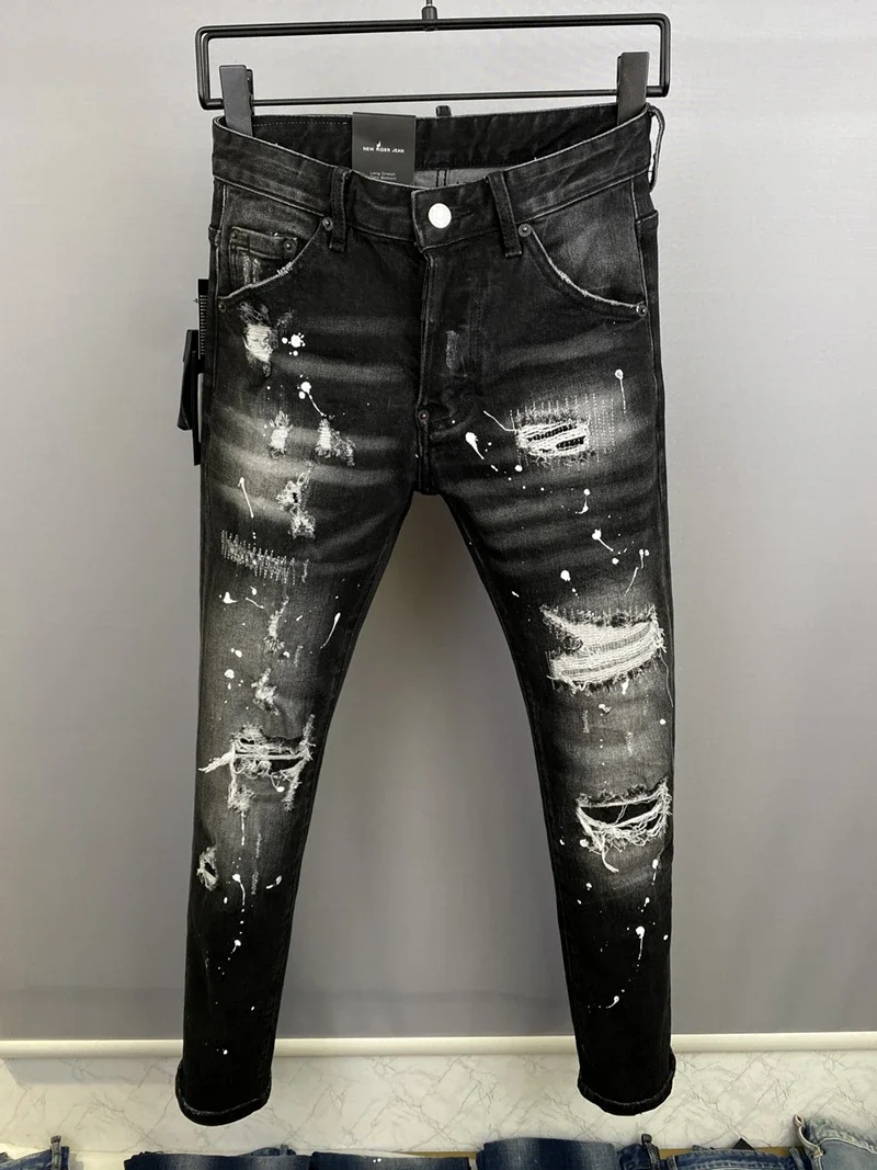 ICON BRAND D2 Men Jeans Denim Pants Hole Slim Pencil Trousers Metal Buttons Party Classics Fashionable Black DSQ2 JENAS